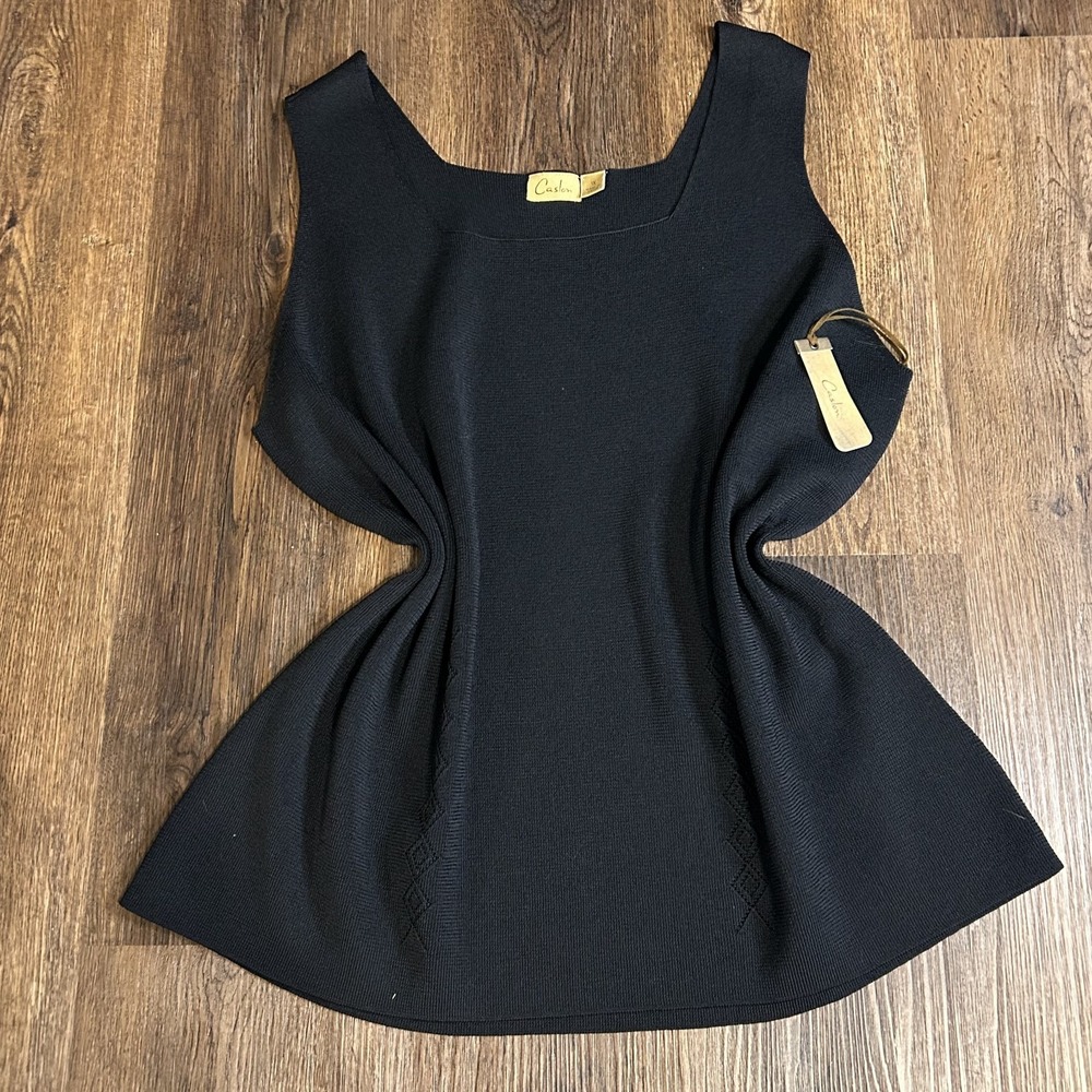NWT Caslon Square Neck Sleeveless Women's 1X Black Knit Top Pointelle